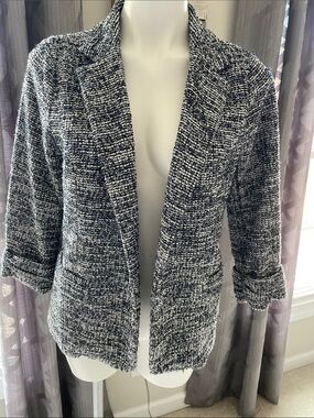 Textured Navy & White Open Front Tweed Blazer